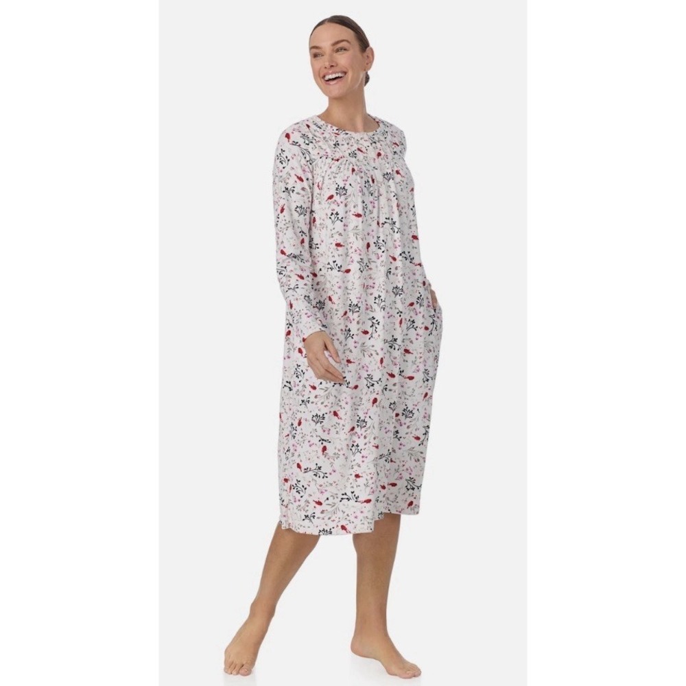 Aria Collection Fleece Red Cardinal‎ Nightgown S Womens Long Sleeve White